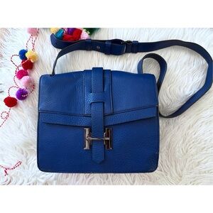 Halston “H” Heritage Silver H Buckle Hardware Blue Leather Shoulder Bag​